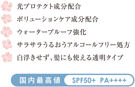 光プロテクト成分配合 ポリューションケア成分配合 ウォータープルーフ強化 サラサラうるおうアルコールフリー処方 白浮きせず、髪にも使える透明タイプ 国内最高値 SPF50+ PA++++