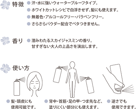 特徴：汗水に強いウォーターブルータイプ、ホワイトカットレシピで白浮きせず髪にも使えます、無着色・アルコールフリー・パラベンフリー、さらさらパウダー配合でベタつきません 香り：澄みわたるスカイジャスミンの香り、甘すぎない大人の上品さを演出します 使い方：髪頭皮にも使用可能です、背中・首筋・足の甲・つま先など、塗りにくい部分にも使えます、逆さでも使用できます