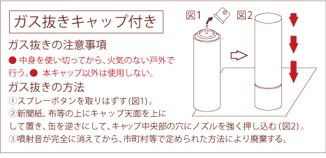 「ガス抜きキャップ」(残ガス排出機構)付き商品の表記事例