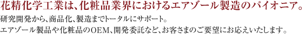 花精化学工業は、化粧品業界におけるエアゾール製造のパイオニア。 研究開発から、商品化、製造までトータルにサポート。 化粧品エアゾール製品のOEM、開発委託など、お客さまのご要望にお応えいたします。